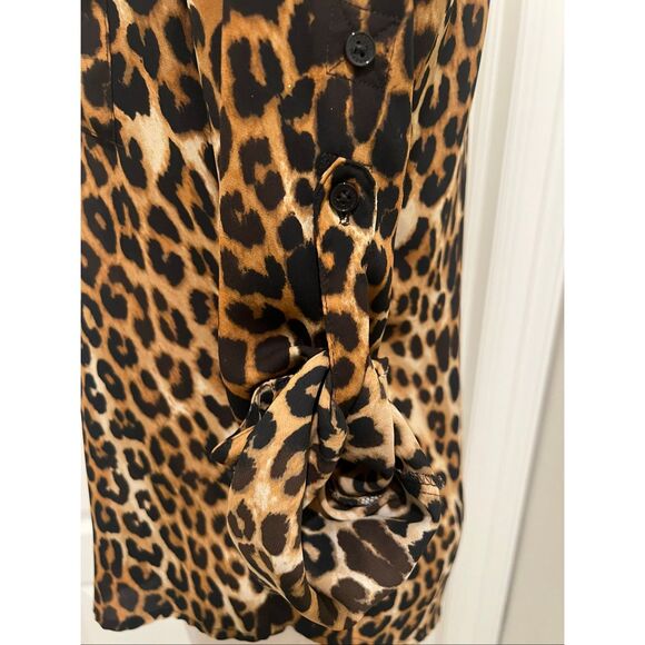Express Womens Leopard Print Button Front Long Sleeve Blouse Tan Brown XS - Picture 3 of 7